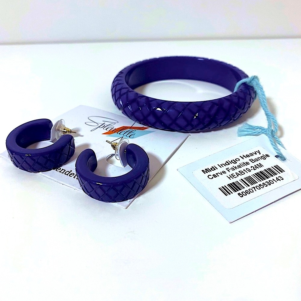 Splendette Set Midi MED Indigo Heavy Carve Fakelite Bangle  & hoop earrings NWT